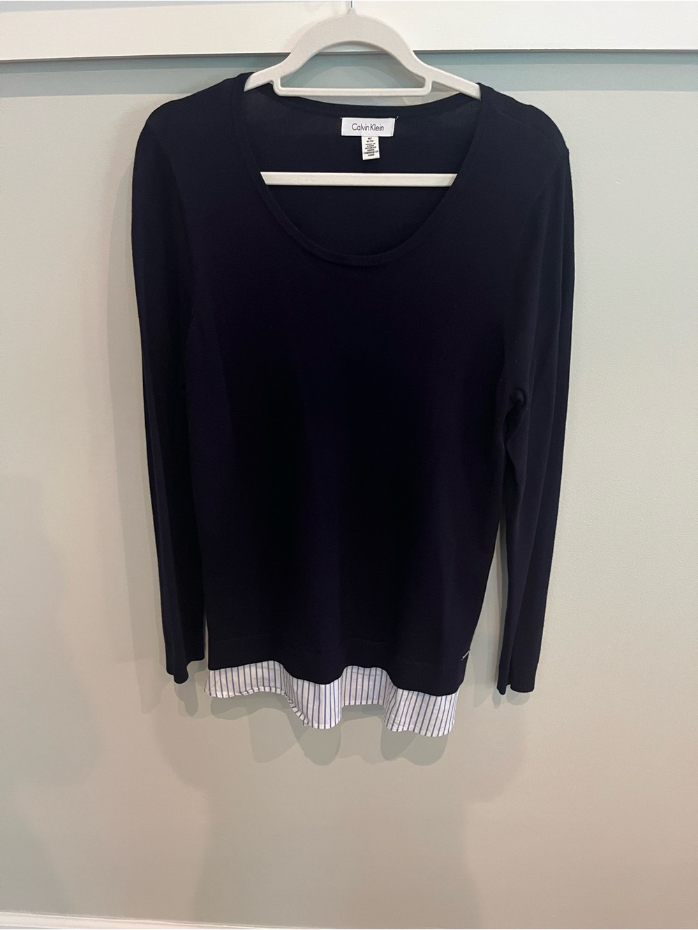 Calvin Klein Navy Blue Long-Sleeve Layered Hem Top with Pinstripe Trim